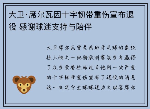 大卫·席尔瓦因十字韧带重伤宣布退役 感谢球迷支持与陪伴 大卫·席尔瓦因十字韧带重伤宣布退役 感谢球迷支持与陪伴