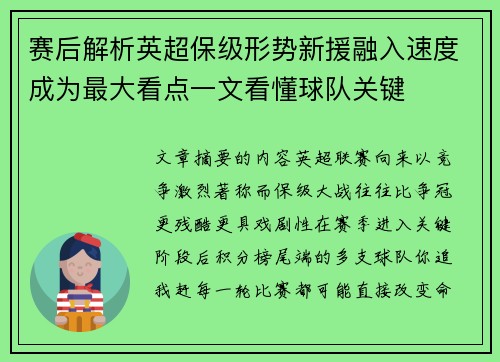 赛后解析英超保级形势新援融入速度成为最大看点一文看懂球队关键